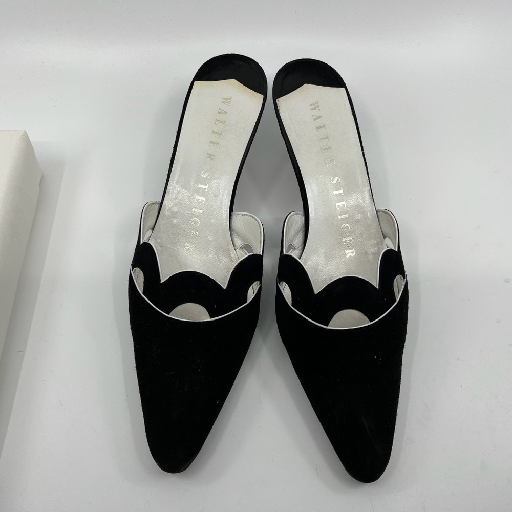 Vintage New Walter Steiger Italy Black Nappa Suede Mules, 7M